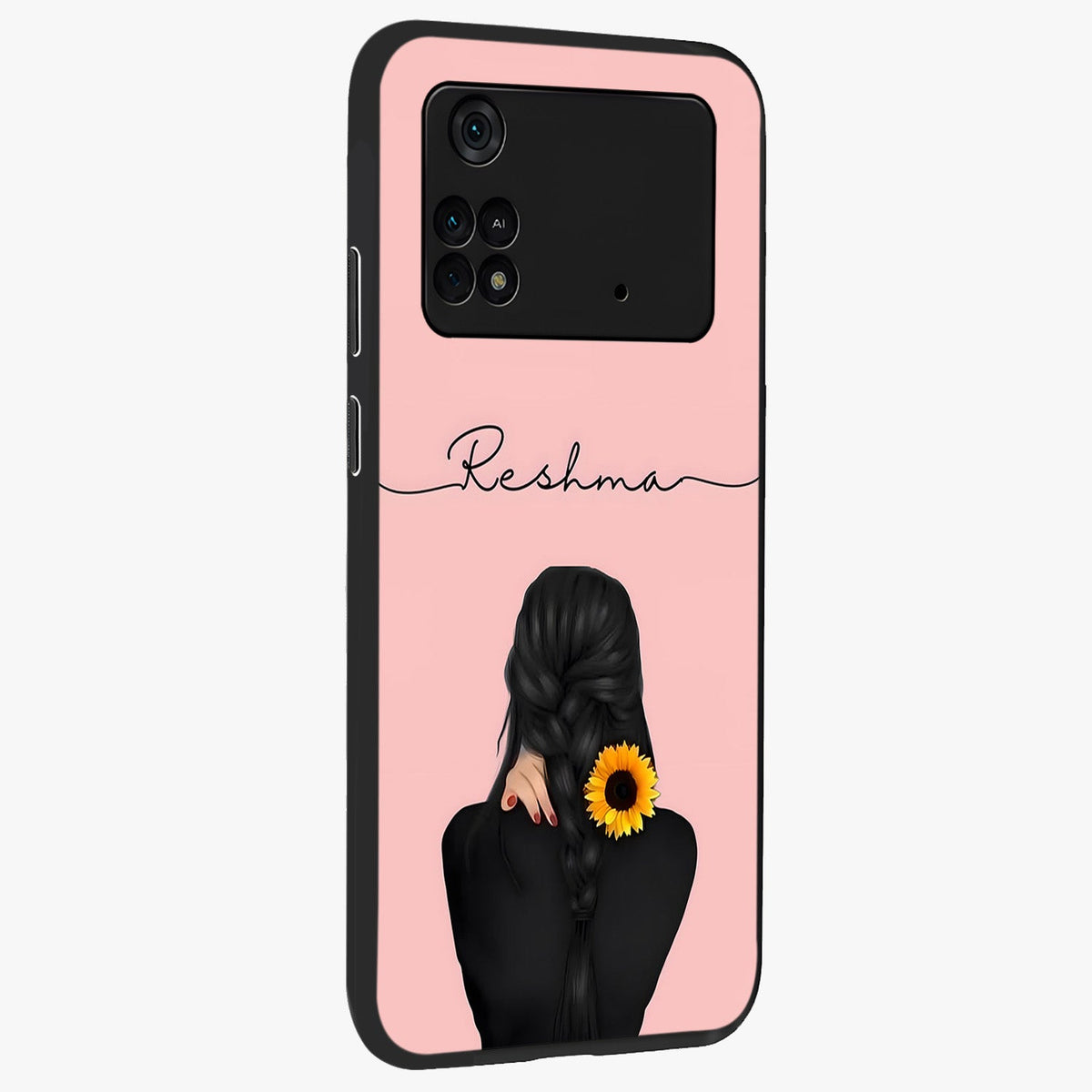 Sunflower Braid Beauty With Custom Name Glass Case upright view showcasing bright sunflower artwork with personalized floral aesthetic.