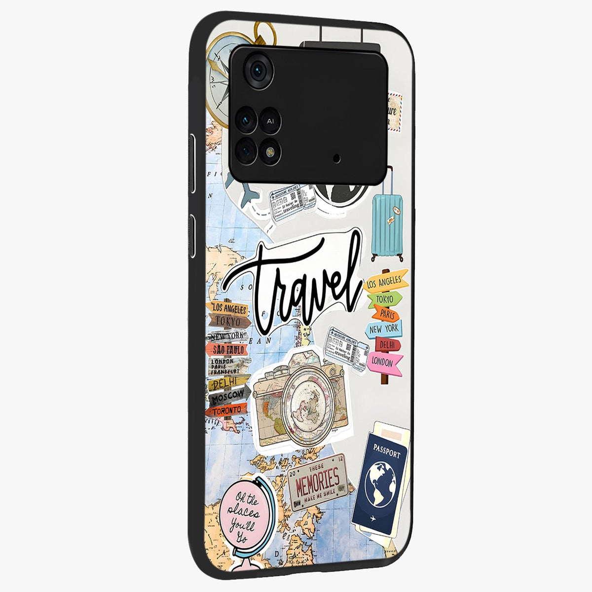Wanderlust Journal Glass Case upright view showcasing wanderlust inspired artwork with creative exploration theme.