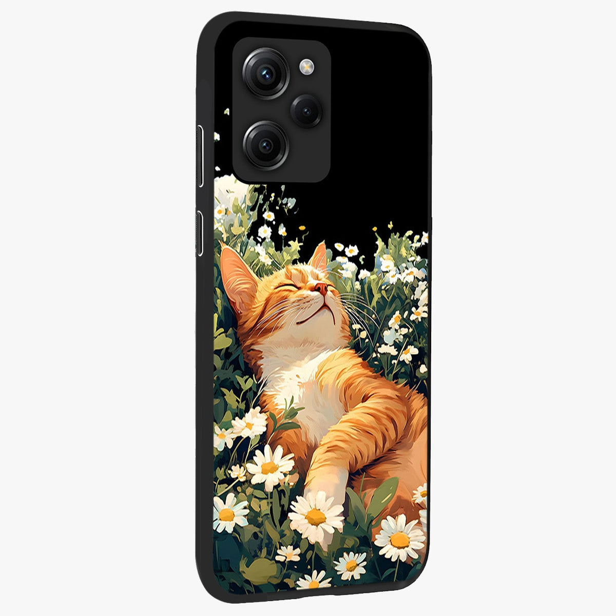 Blissful Bloom Cat Glass Case upright view showcasing charming cat design surrounded by blooming floral elements.