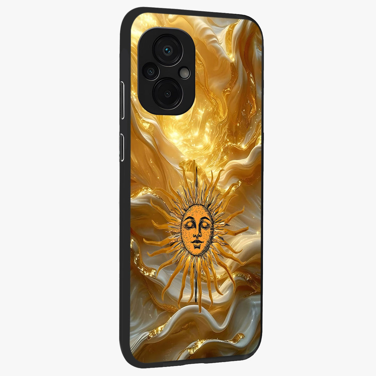 Eternal Golden Glow Glass Case upright view showcasing luminous golden artwork with luxurious visual theme.