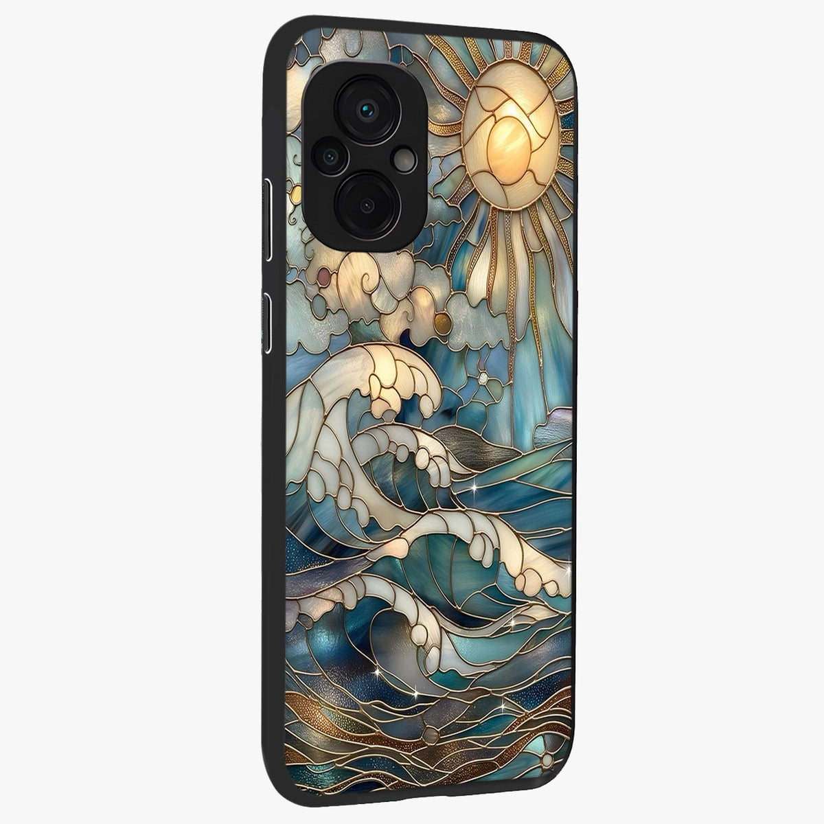 Oceanic Stained Printed Glass Case upright view showcasing decorative ocean pattern artwork with vibrant marine theme.