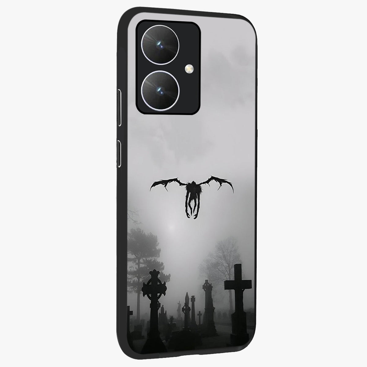 Graveyard Shadow Descent Glass Case upright view showcasing haunting graveyard artwork with dramatic dark theme.