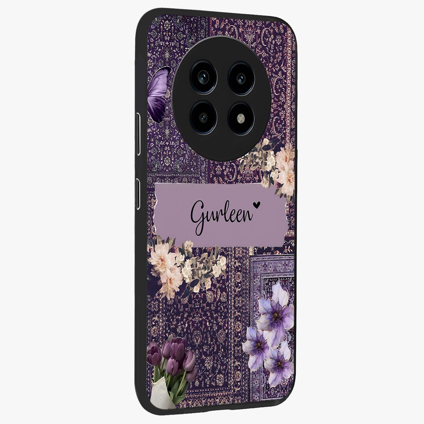 Antique Floral Whisper Custom Name Glass Case upright view showcasing delicate floral artwork with custom name feature.
