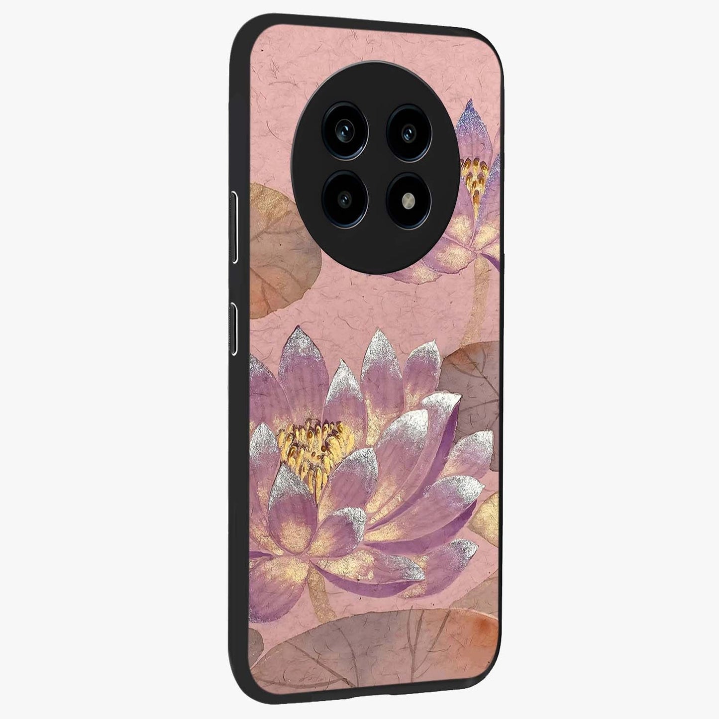Blossom Mist Lotus Glass Case upright view showcasing graceful lotus flower design with peaceful botanical style.