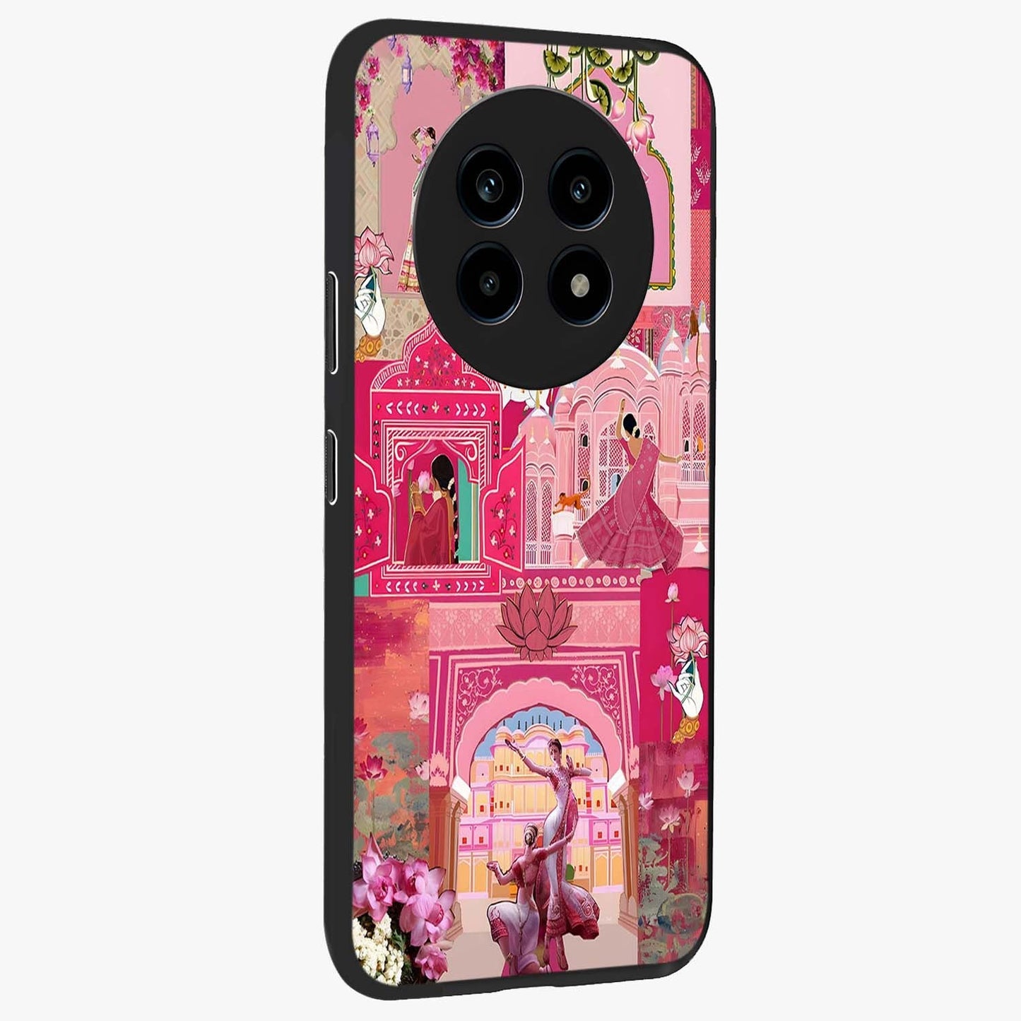 Blossoms of Rajasthan Glass Case upright view showcasing colorful floral design inspired by traditional Indian art.