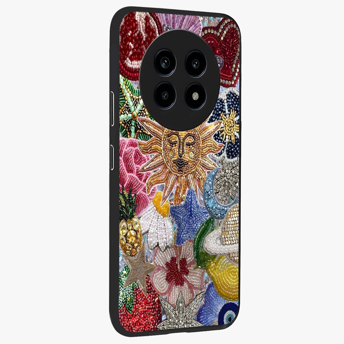 Celestial Floral and Playful Glass Case upright view showcasing whimsical floral artwork with cosmic aesthetic theme.
