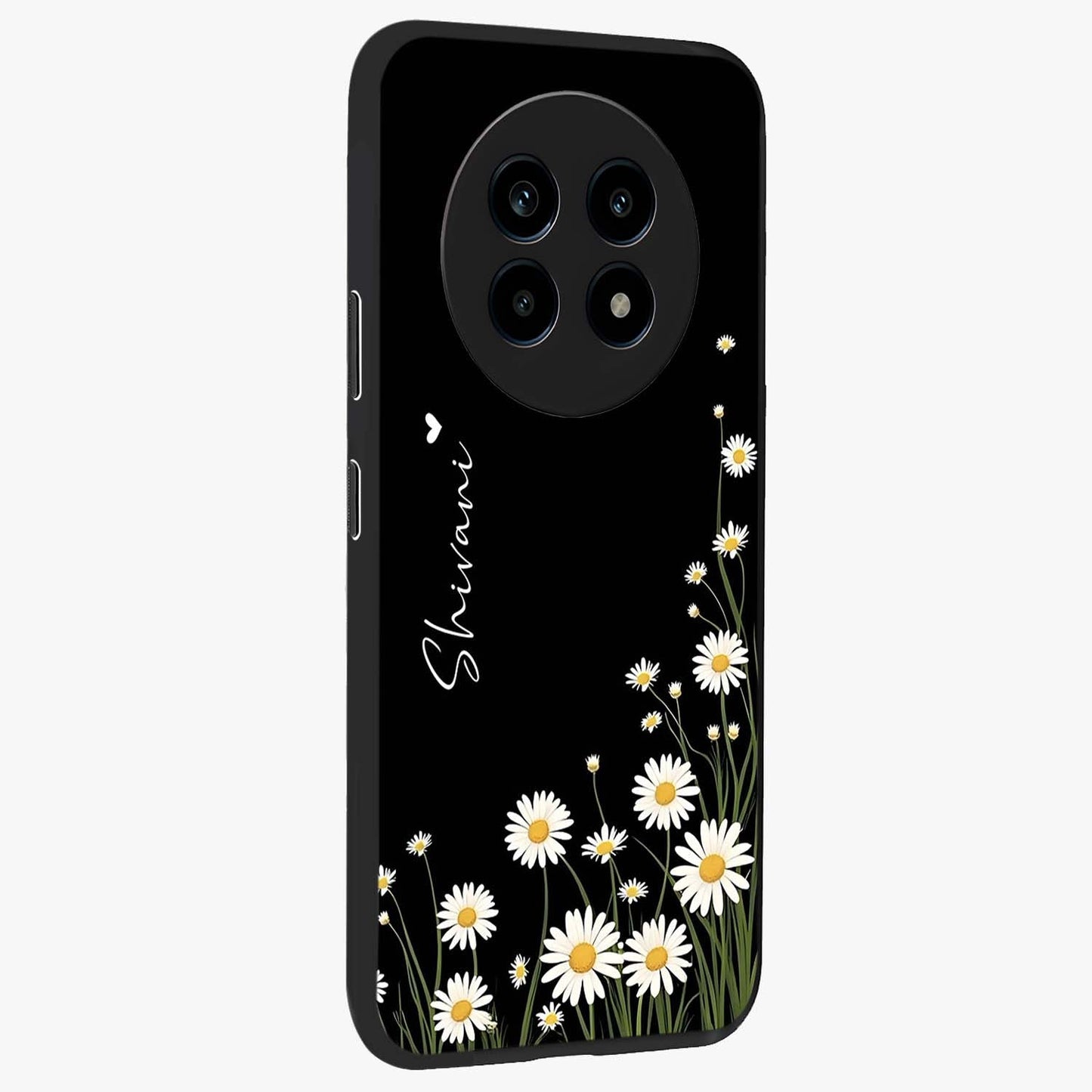 Daisy Cascade Custom Name Glass Case upright view showcasing elegant floral cascade design with personalized aesthetic.