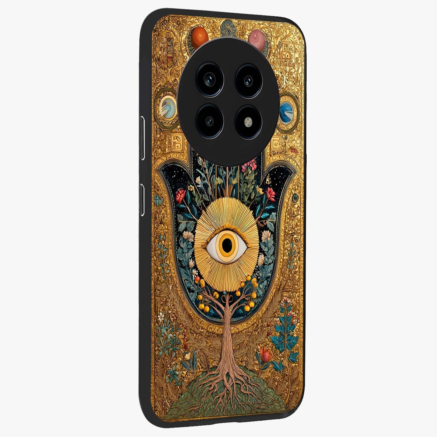 Ethereal Evil Eye Glass Case upright view showcasing celestial evil eye artwork with mystical theme.