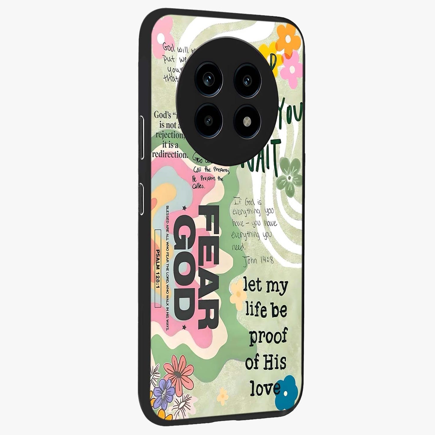 Faith Over Fear Glass Case upright view showcasing bold typography artwork with uplifting motivational theme.