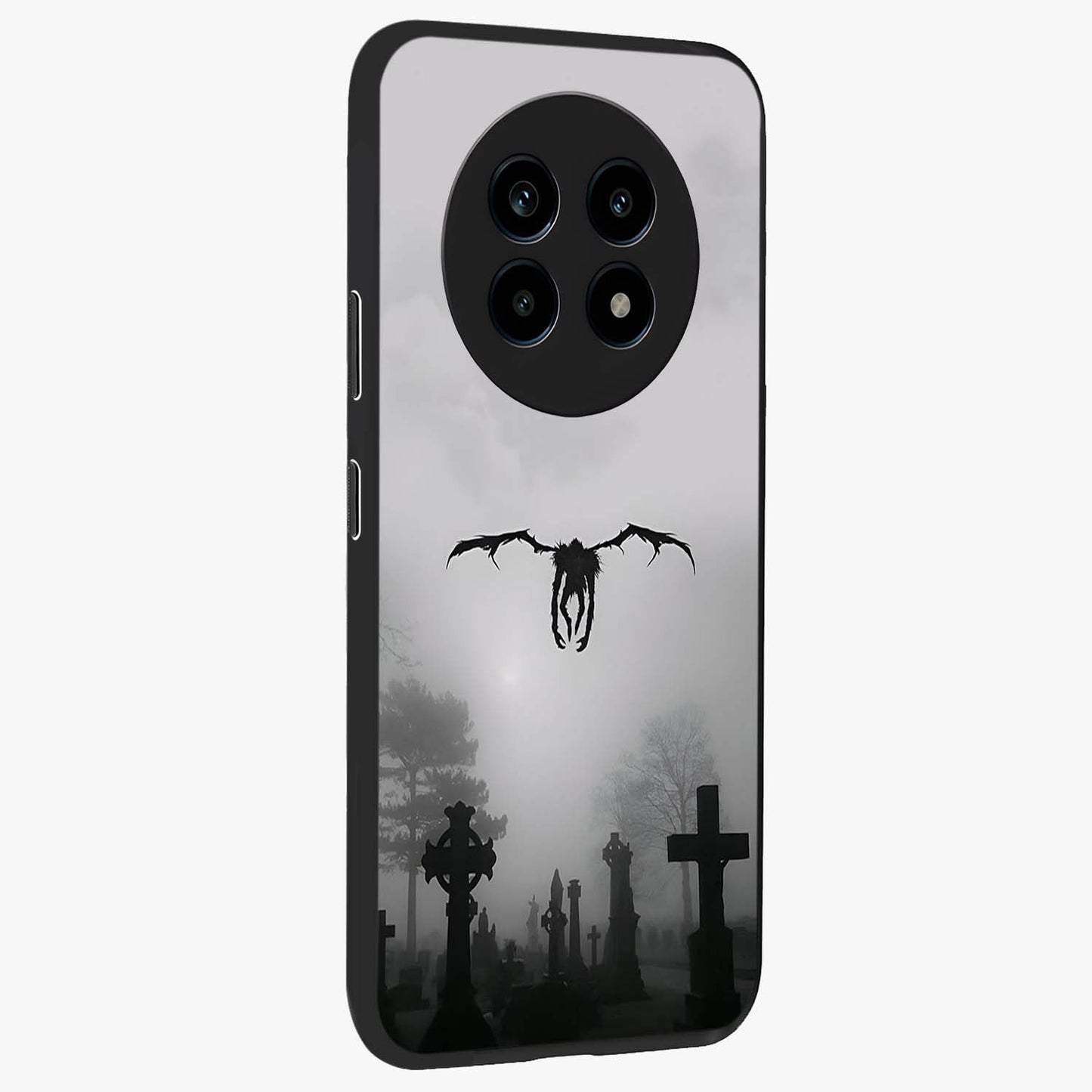 Graveyard Shadow Descent Glass Case upright view showcasing haunting graveyard artwork with dramatic dark theme.
