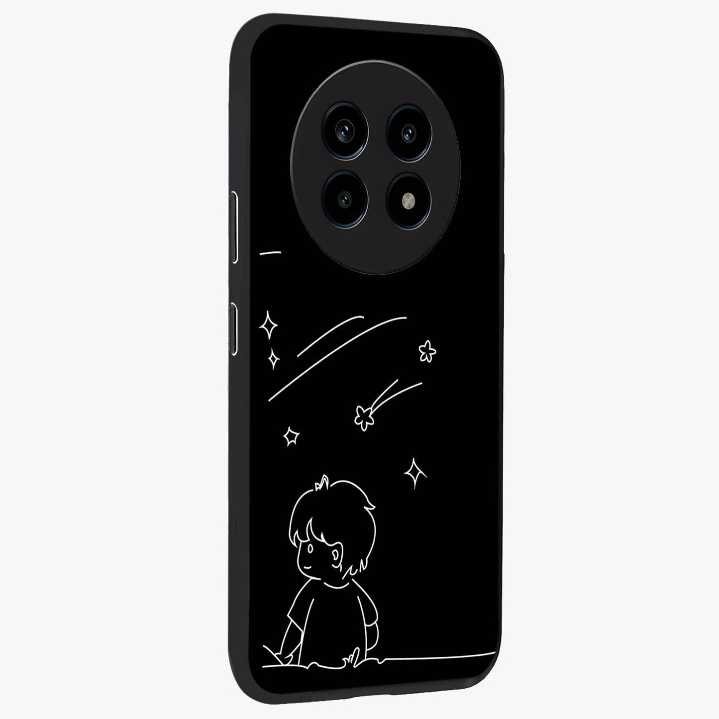 Line Art Boy With Shooting Stars Glass Case upright view showcasing artistic shooting star illustration with minimal style.