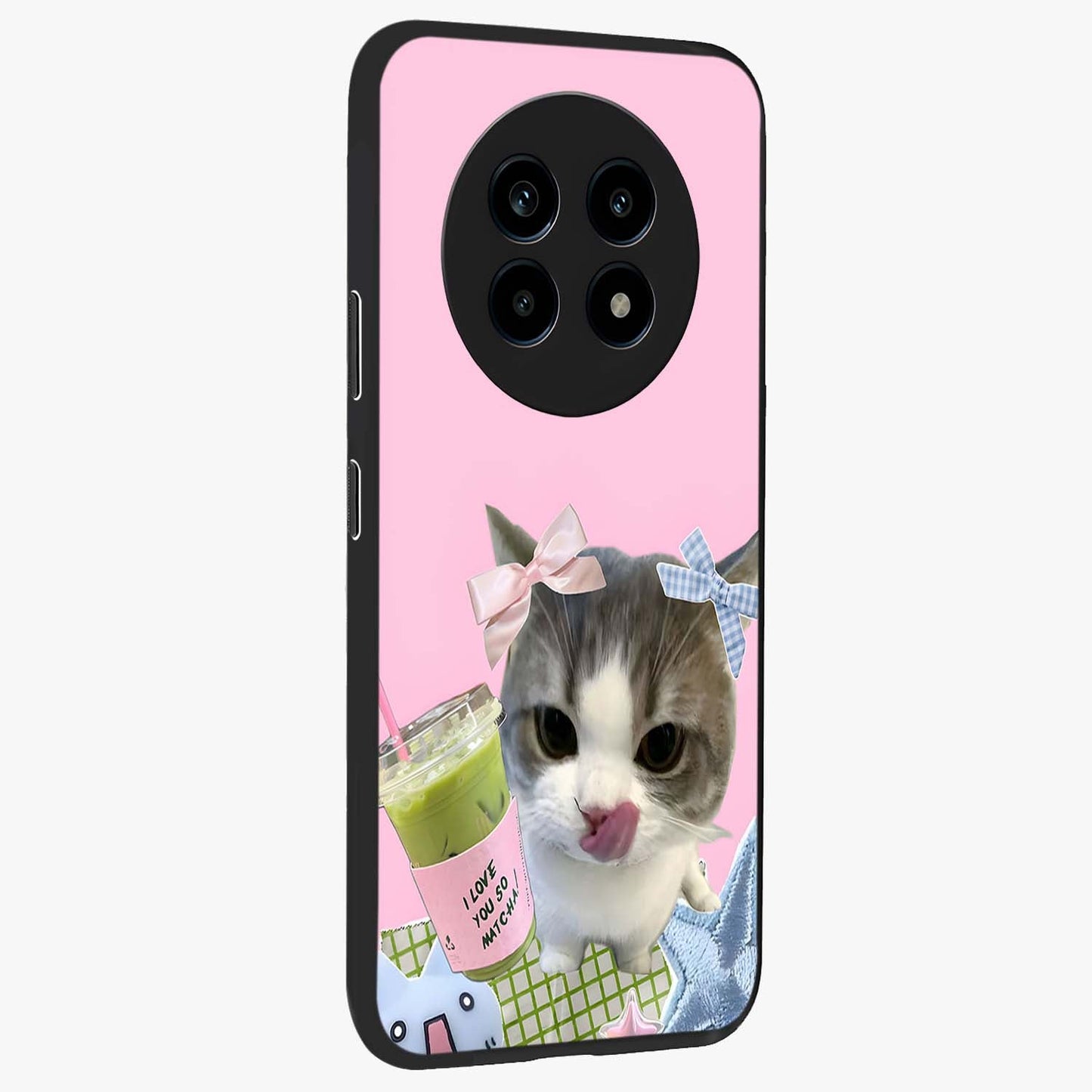 Love Matcha Cat Glass Case upright view showcasing adorable cat artwork with charming matcha themed design.