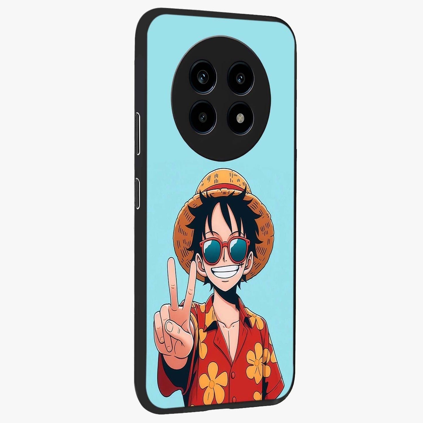 Luffy Summer Anime Vibe Glass Case upright view showcasing dynamic anime artwork with bright adventurous theme.