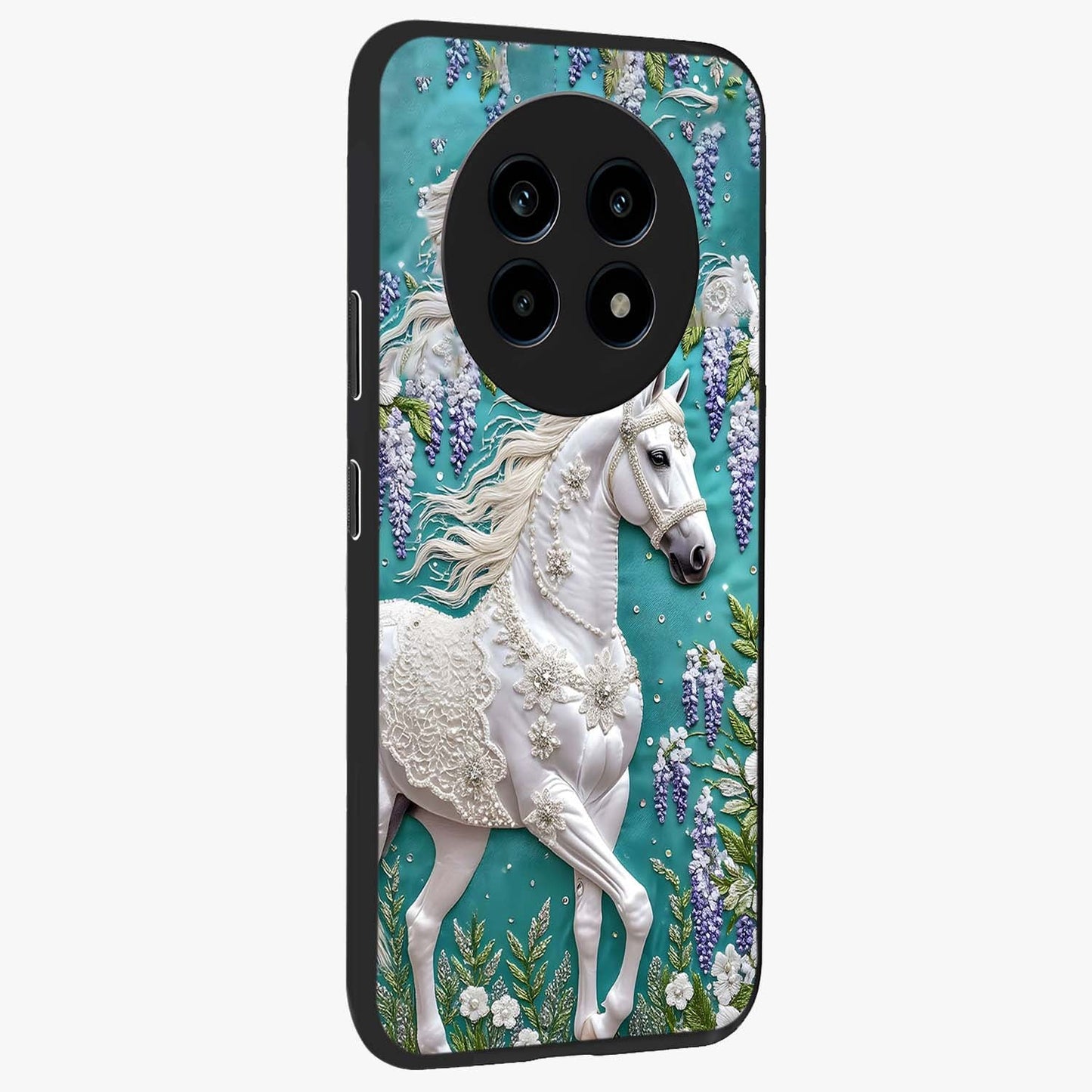 Majestic Floral Stallion Glass Case upright view showcasing dramatic horse artwork with decorative floral theme.