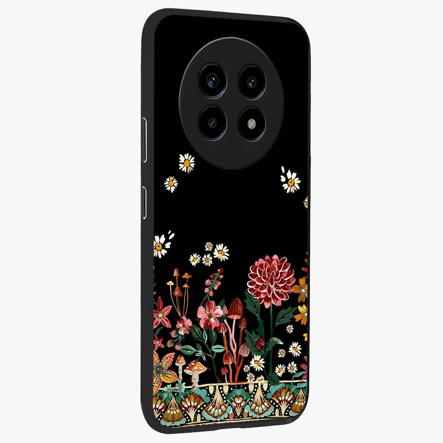 Midnight Bloom Pattern Glass Case upright view showcasing decorative floral artwork with deep night themed palette.