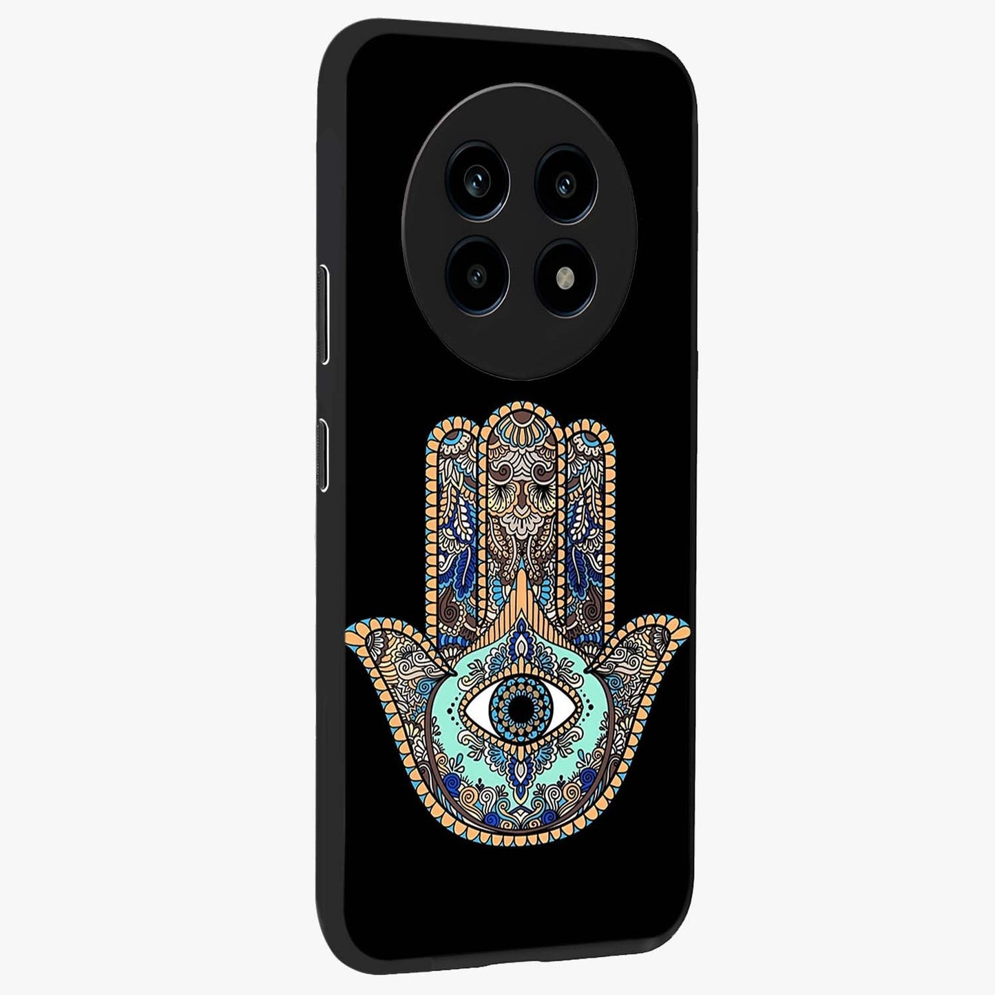 Mystic Hamsa Eye Glass Case upright view showcasing detailed hamsa eye artwork with protective spiritual theme.