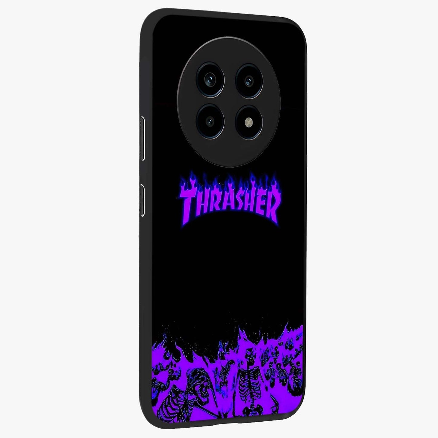 Neon Flame Riot Glass Case upright view showcasing dynamic flame artwork with energetic neon theme.