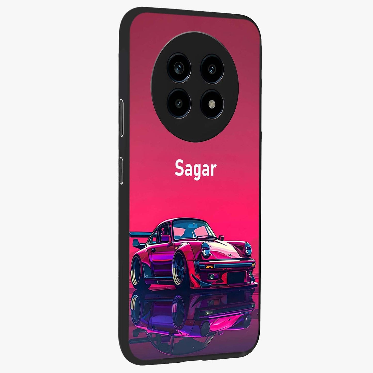 Neon Pink Porsche Glass Case upright view showcasing vibrant sports car artwork with bold automotive theme.
