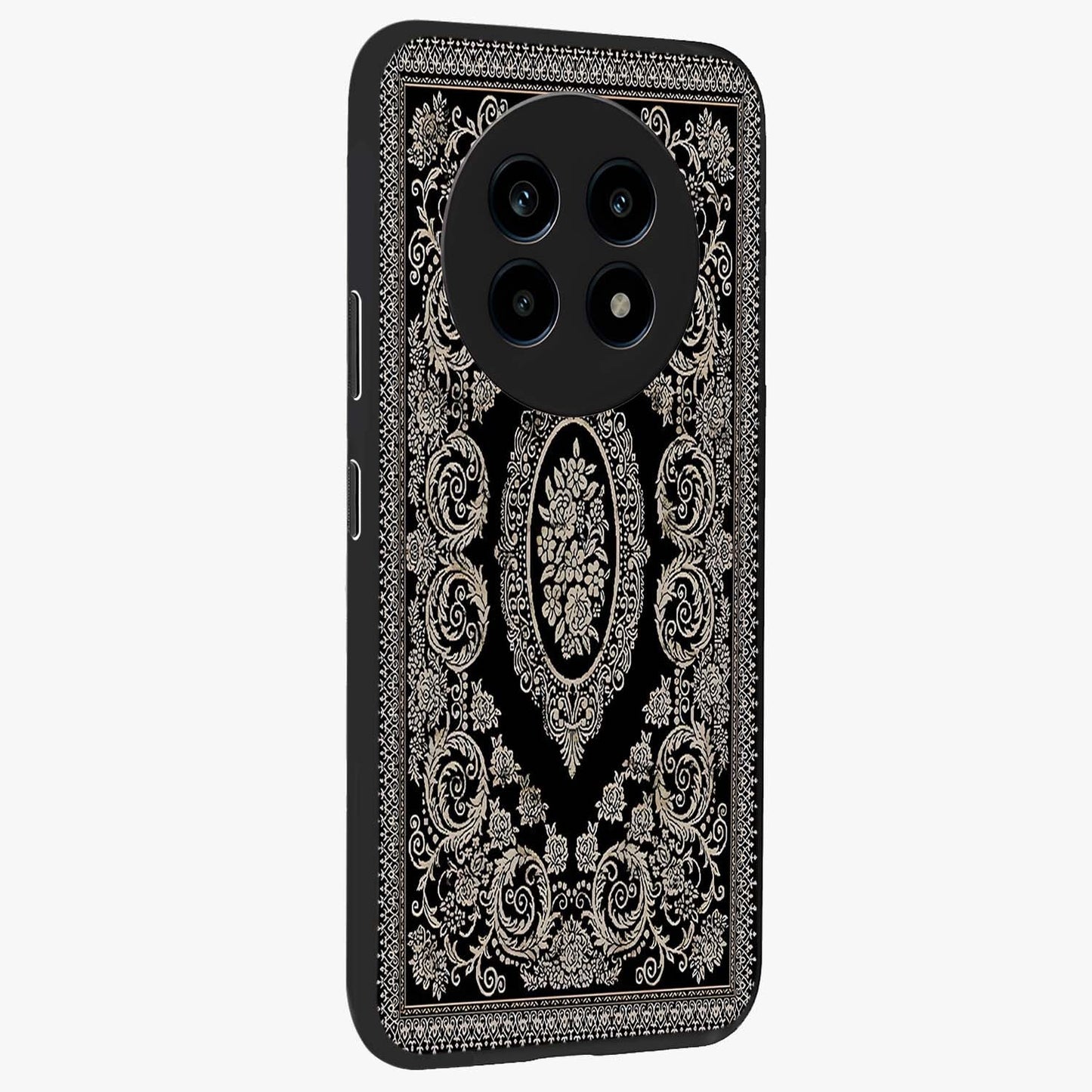 Noir Bloom Elegance Glass Case upright view showcasing graceful floral artwork with luxurious dark theme.
