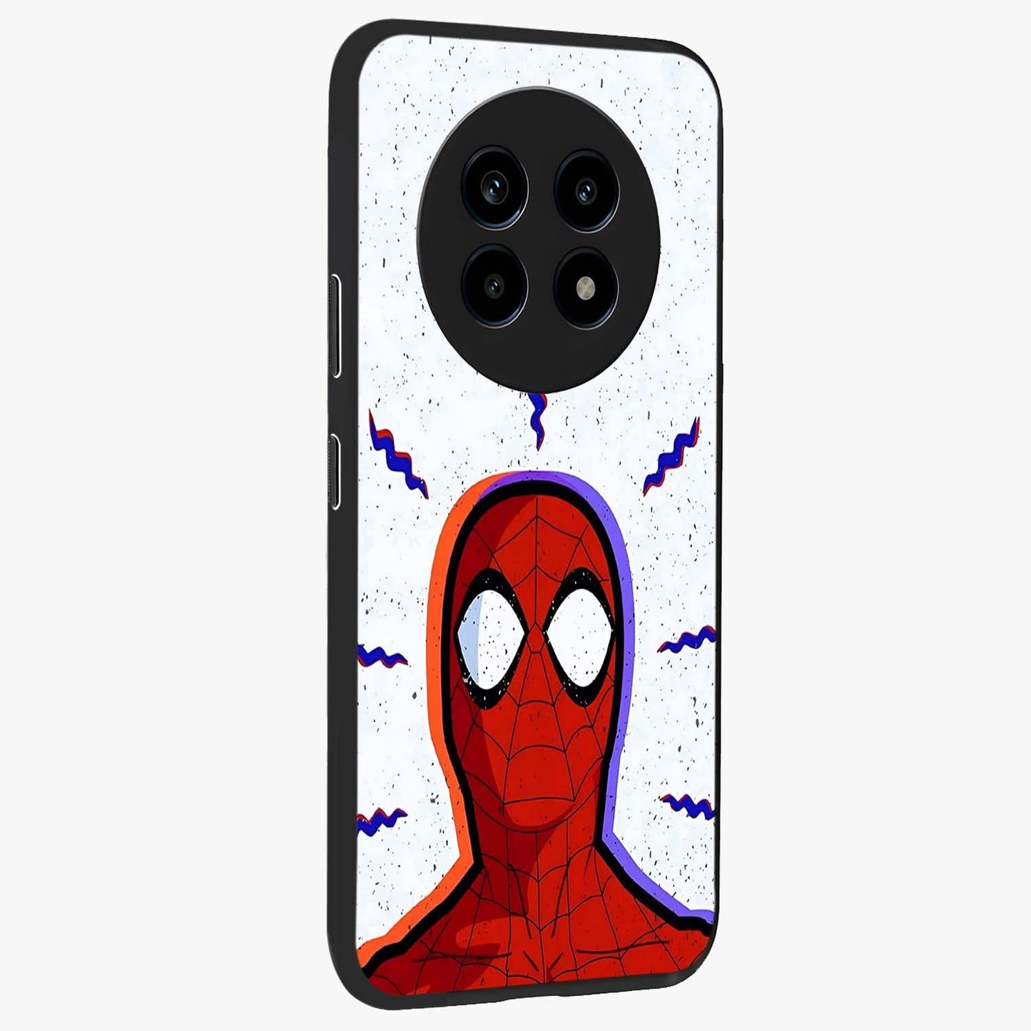 Omg Spiderman Glass Case upright view showcasing energetic superhero artwork with vibrant comic theme.