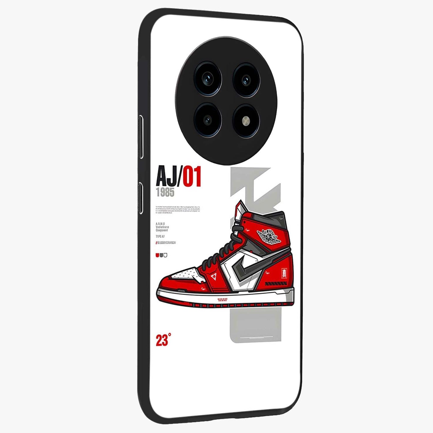 Retro Sneaker Blueprint Glass Case upright view showcasing stylish sneaker illustration with vintage streetwear theme.