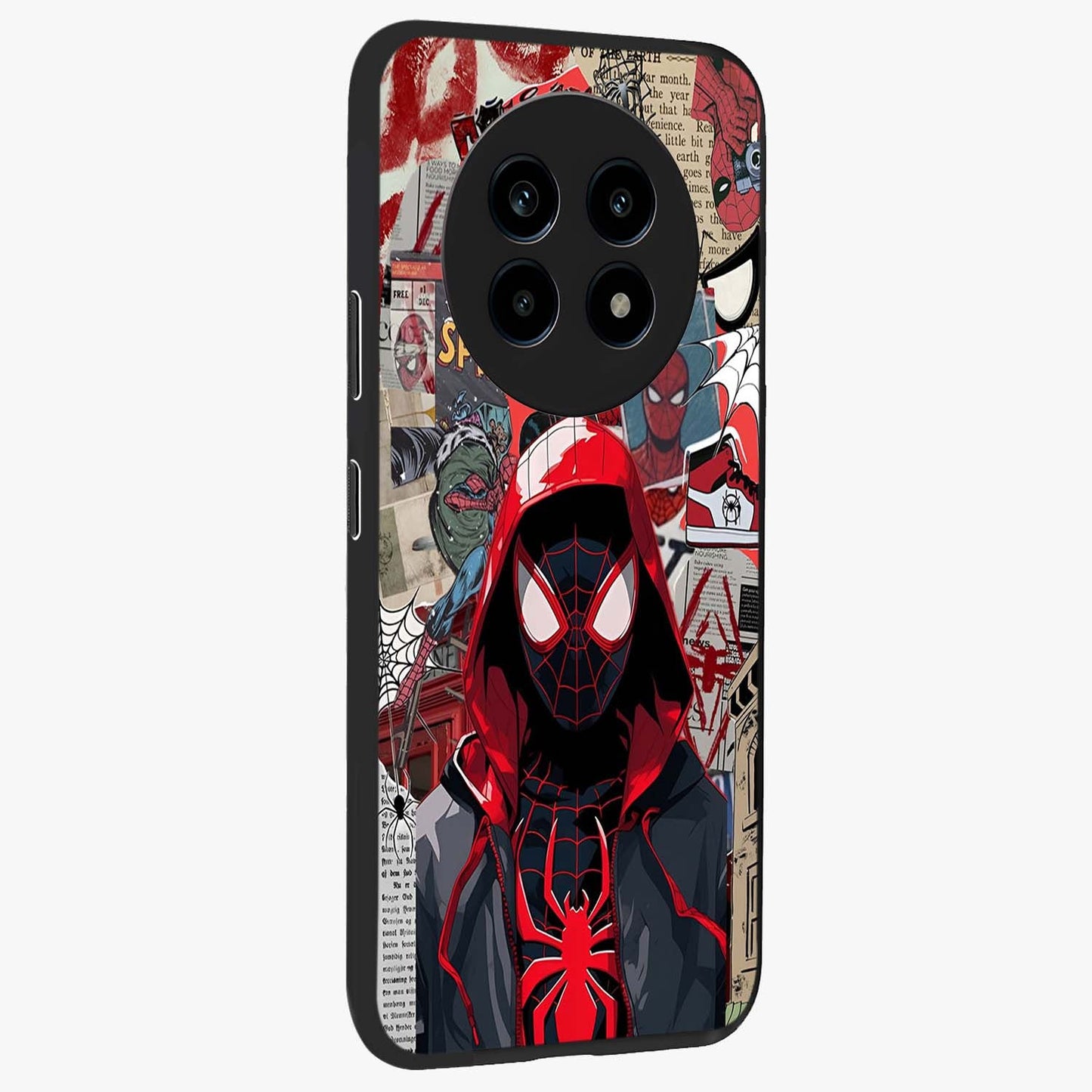 Spider Collage Street Glass Case upright view showcasing bold superhero artwork with urban street theme.