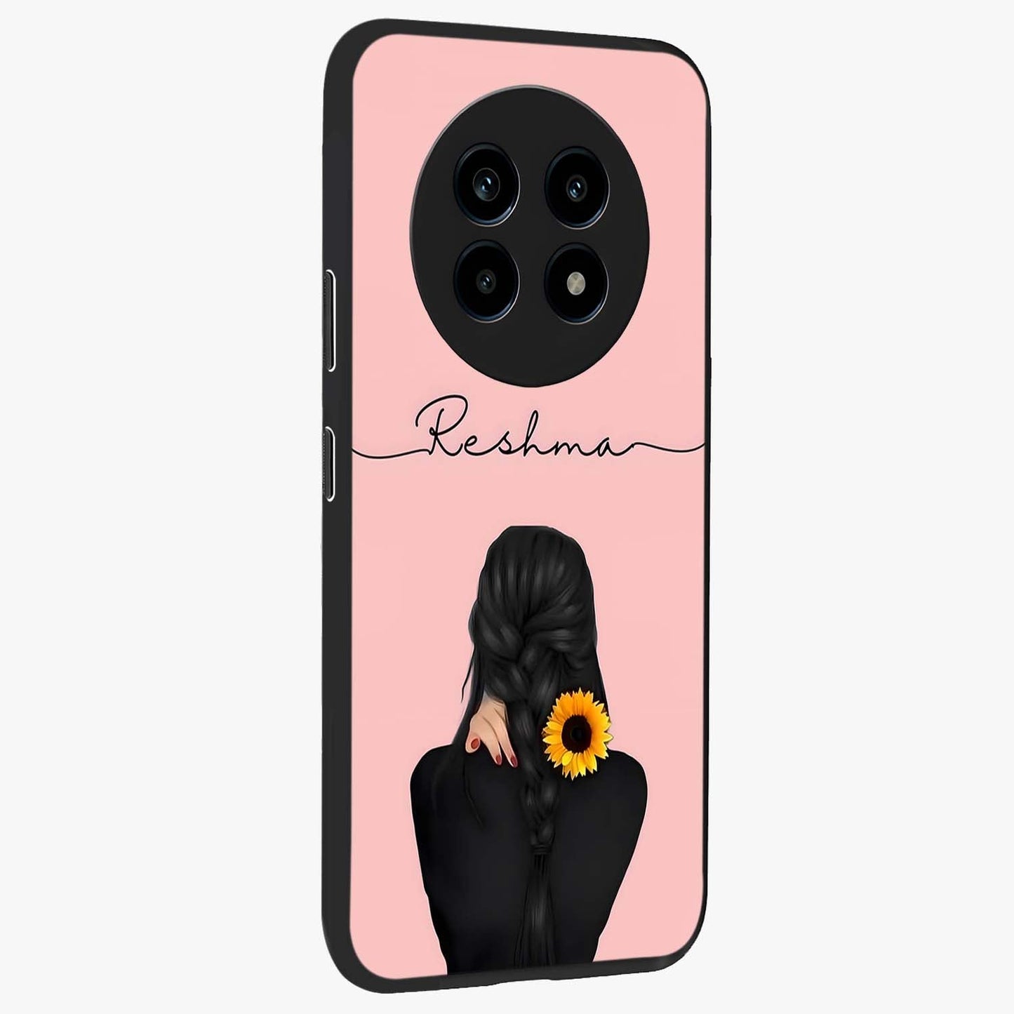 Sunflower Braid Beauty With Custom Name Glass Case upright view showcasing bright sunflower artwork with personalized floral aesthetic.