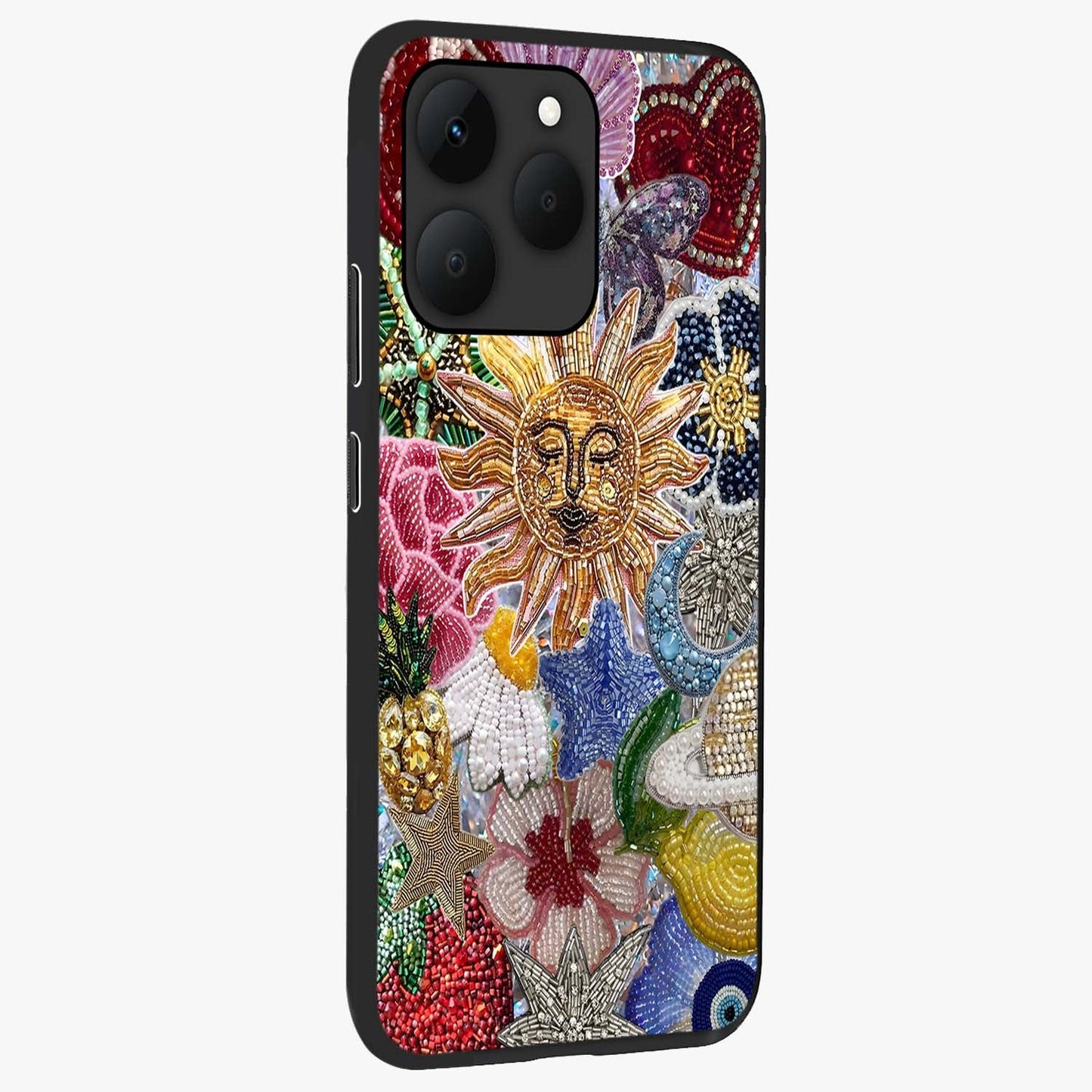 Celestial Floral and Playful Glass Case upright view showcasing whimsical floral artwork with cosmic aesthetic theme.