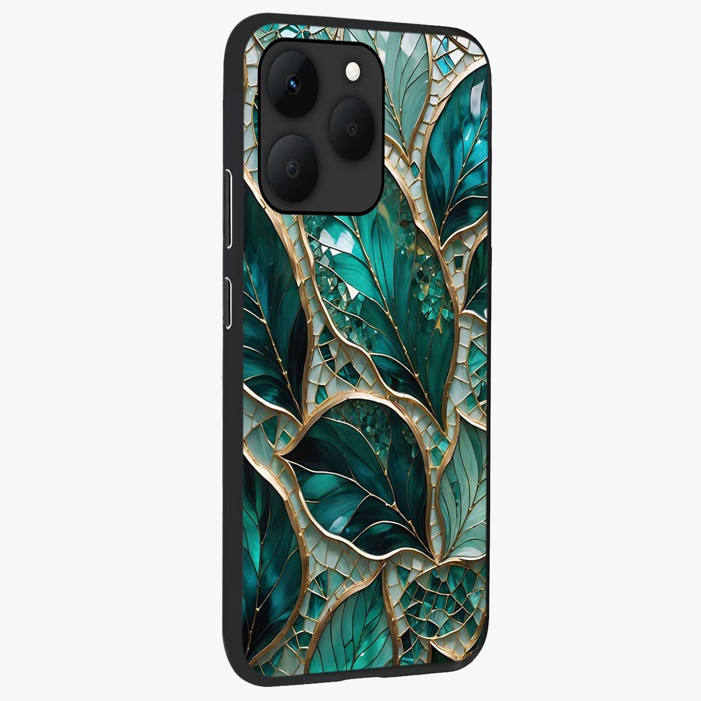 Emerald Leaf Glass Glass Case upright view showcasing fresh green leaf artwork with calming nature inspired style.