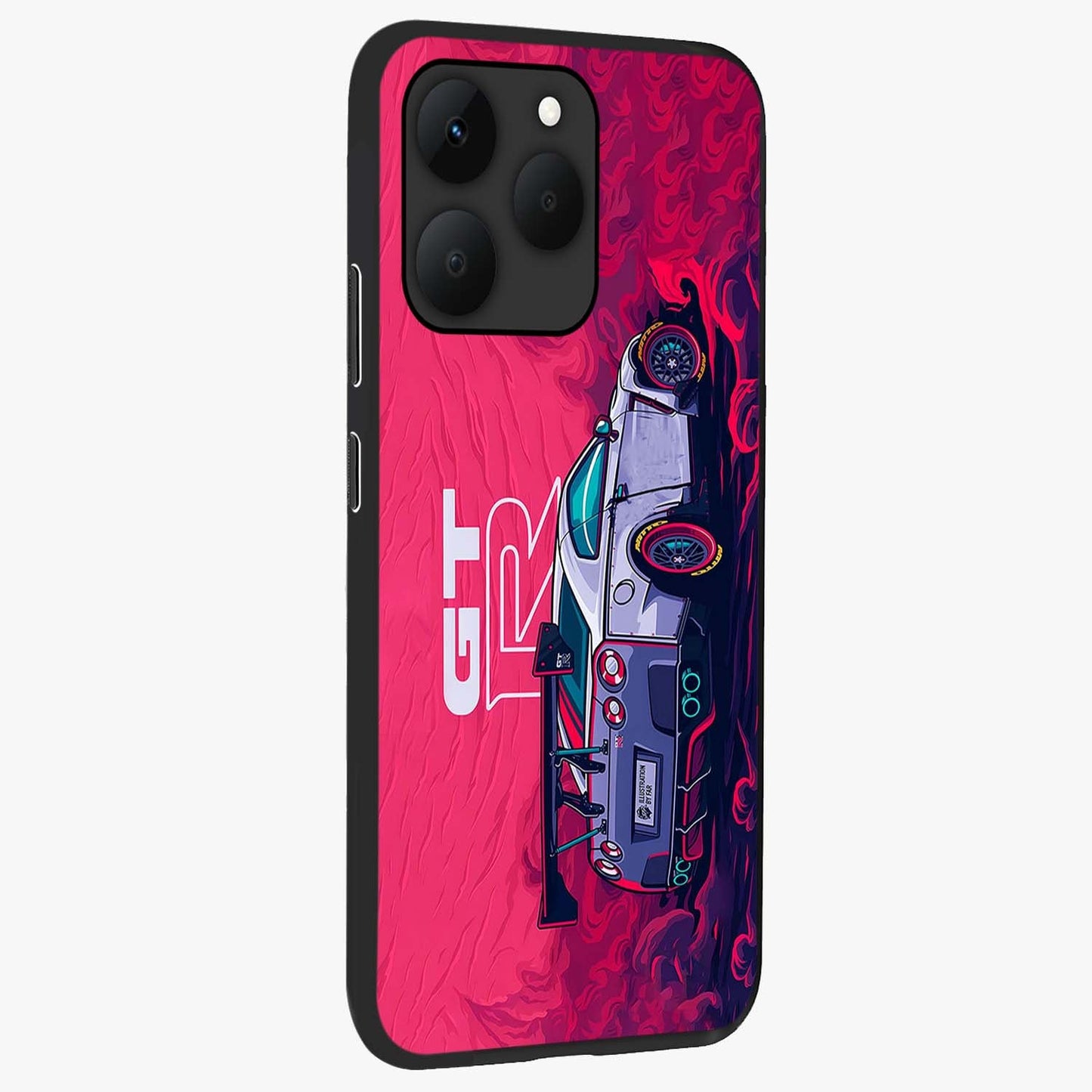 GT-R Car Pattern Glass Case upright view showcasing dynamic car pattern artwork with modern sports theme.