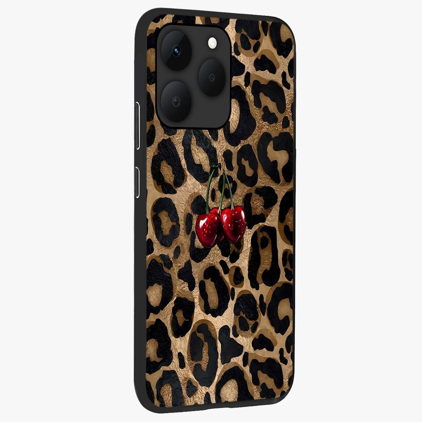Leopard Wild Cherry Glass Case upright view showcasing stylish leopard pattern artwork with trendy fashion theme.