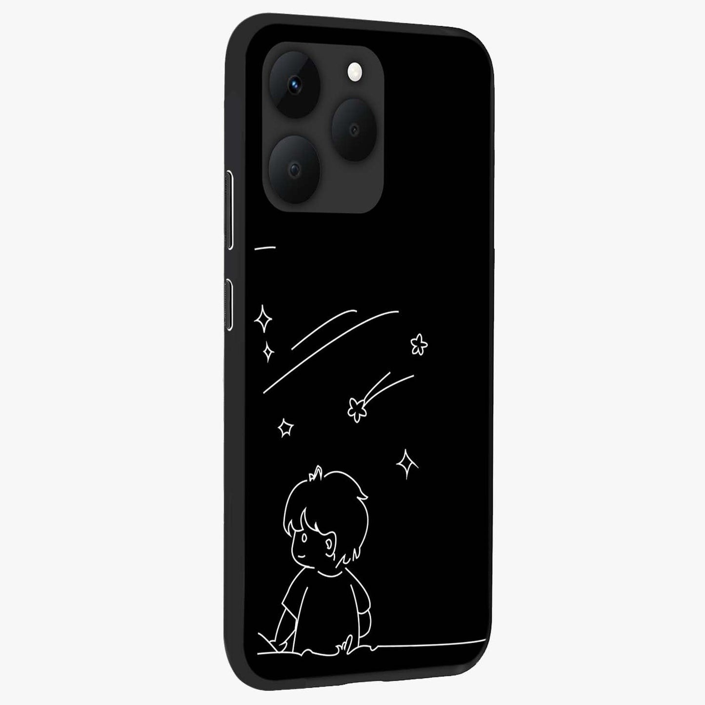 Line Art Boy With Shooting Stars Glass Case upright view showcasing artistic shooting star illustration with minimal style.