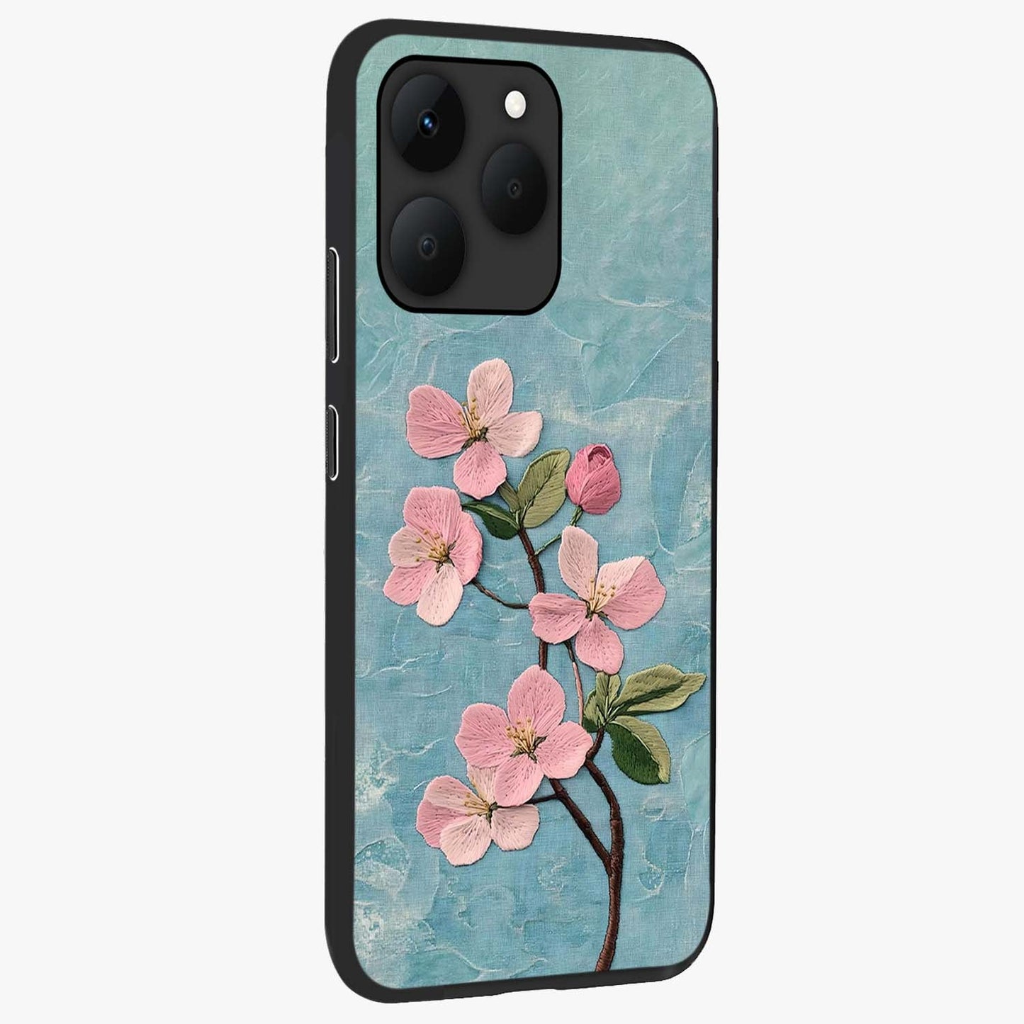 Threaded Blossom Breeze Glass Case upright view showcasing graceful flower artwork with calm botanical theme.