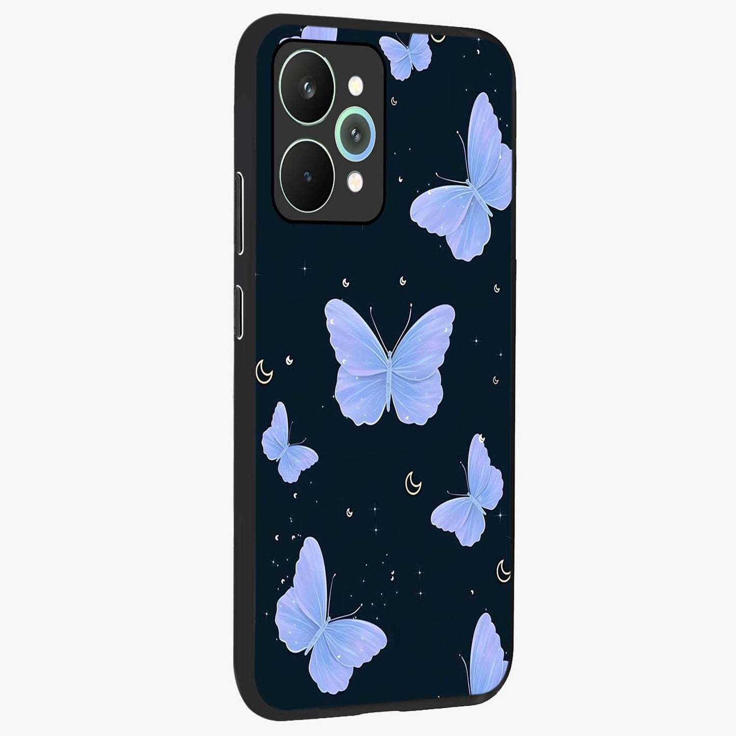 Butterfly With Stars Pattern Glass Case upright view showcasing celestial butterfly artwork with sparkling star elements.