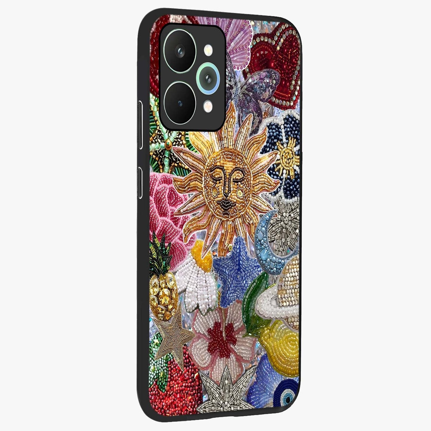 Celestial Floral and Playful Glass Case upright view showcasing whimsical floral artwork with cosmic aesthetic theme.
