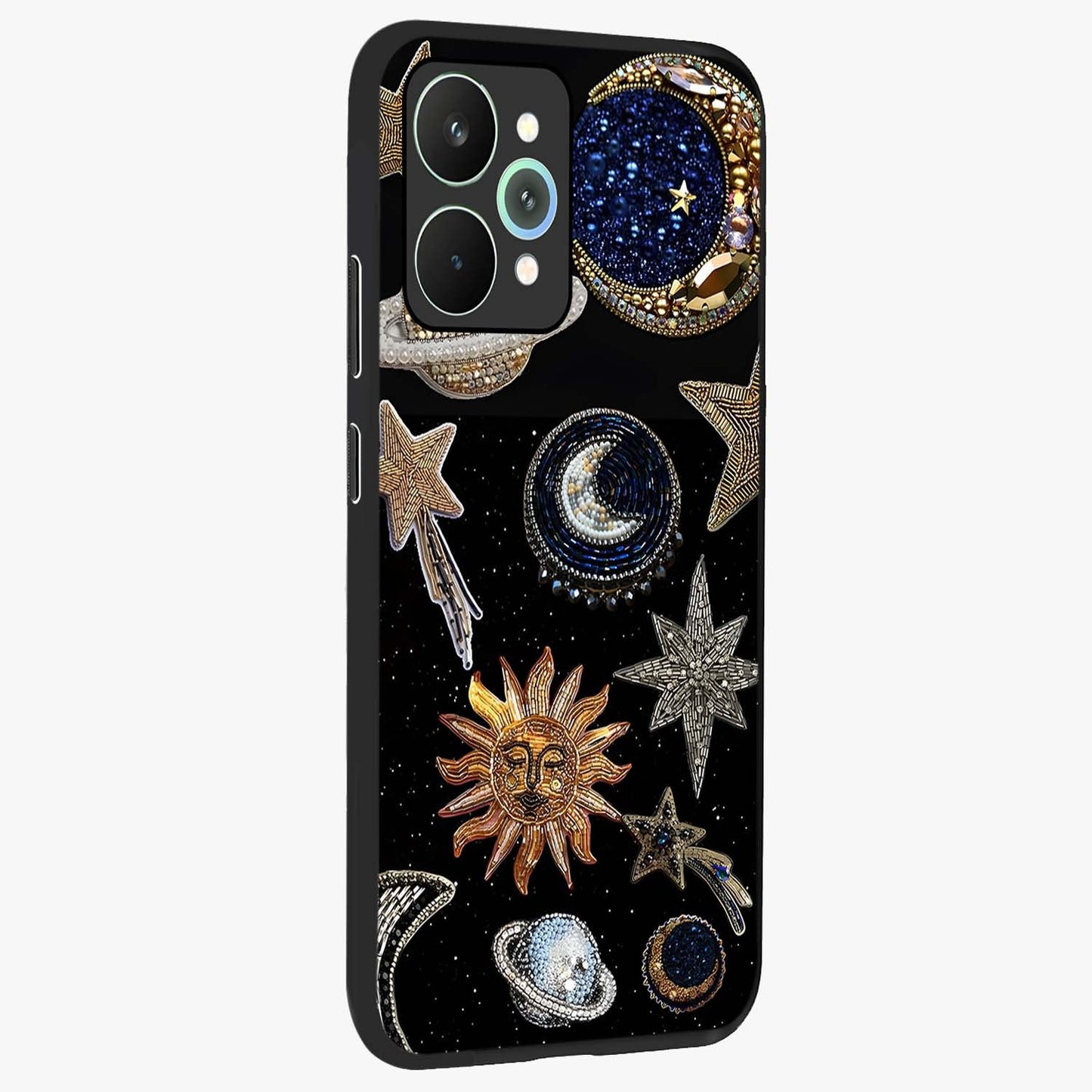 Celestial Gem Constellations Glass Case upright view showcasing cosmic constellation artwork with celestial aesthetic style.