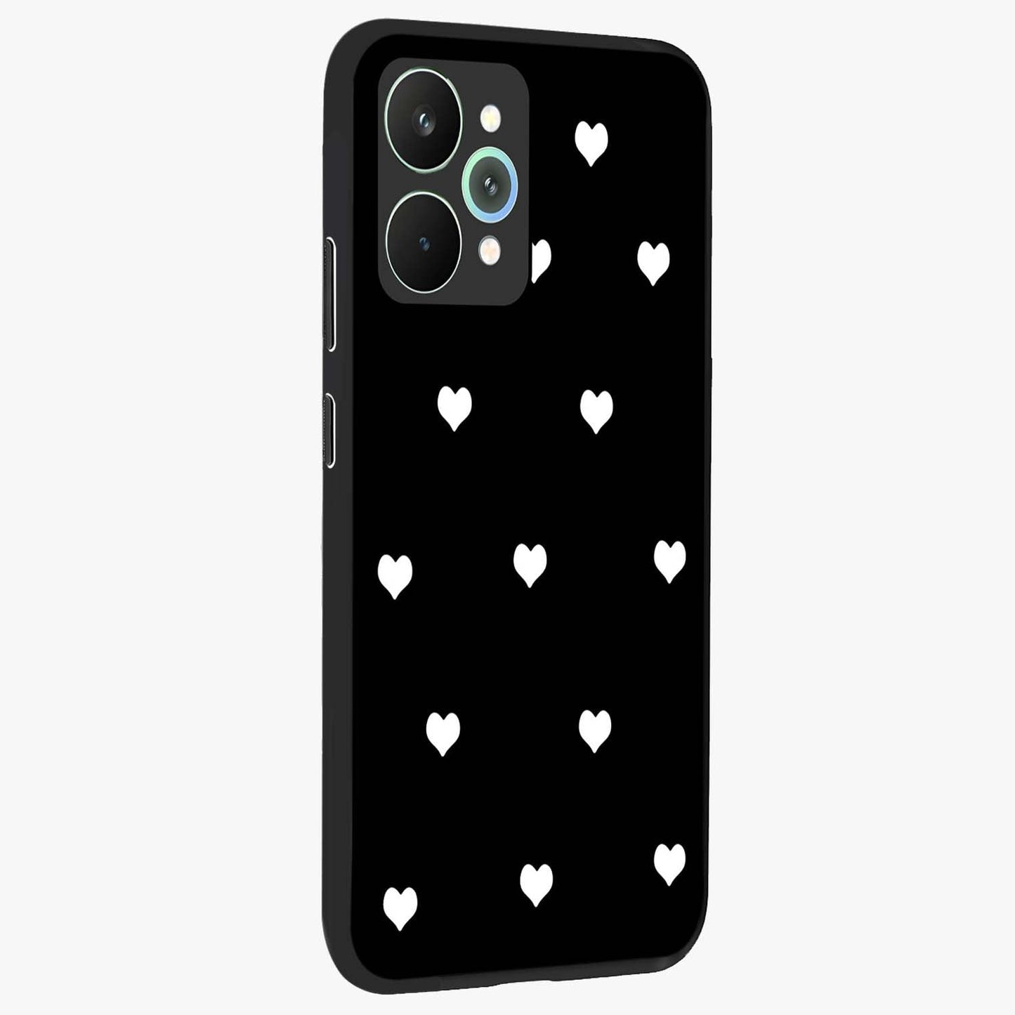 Cute And Simple White Hearts Glass Case upright view showcasing simple white hearts artwork with soft minimal theme.
