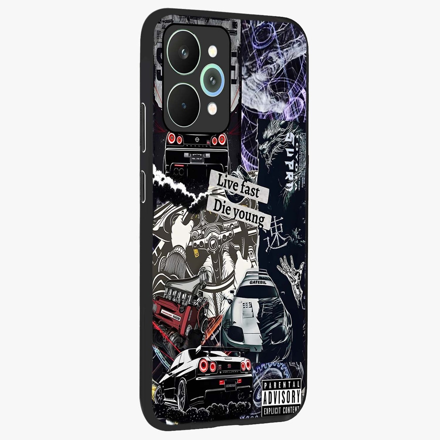Die Young Glass Case upright view showcasing striking typography artwork with modern statement theme.