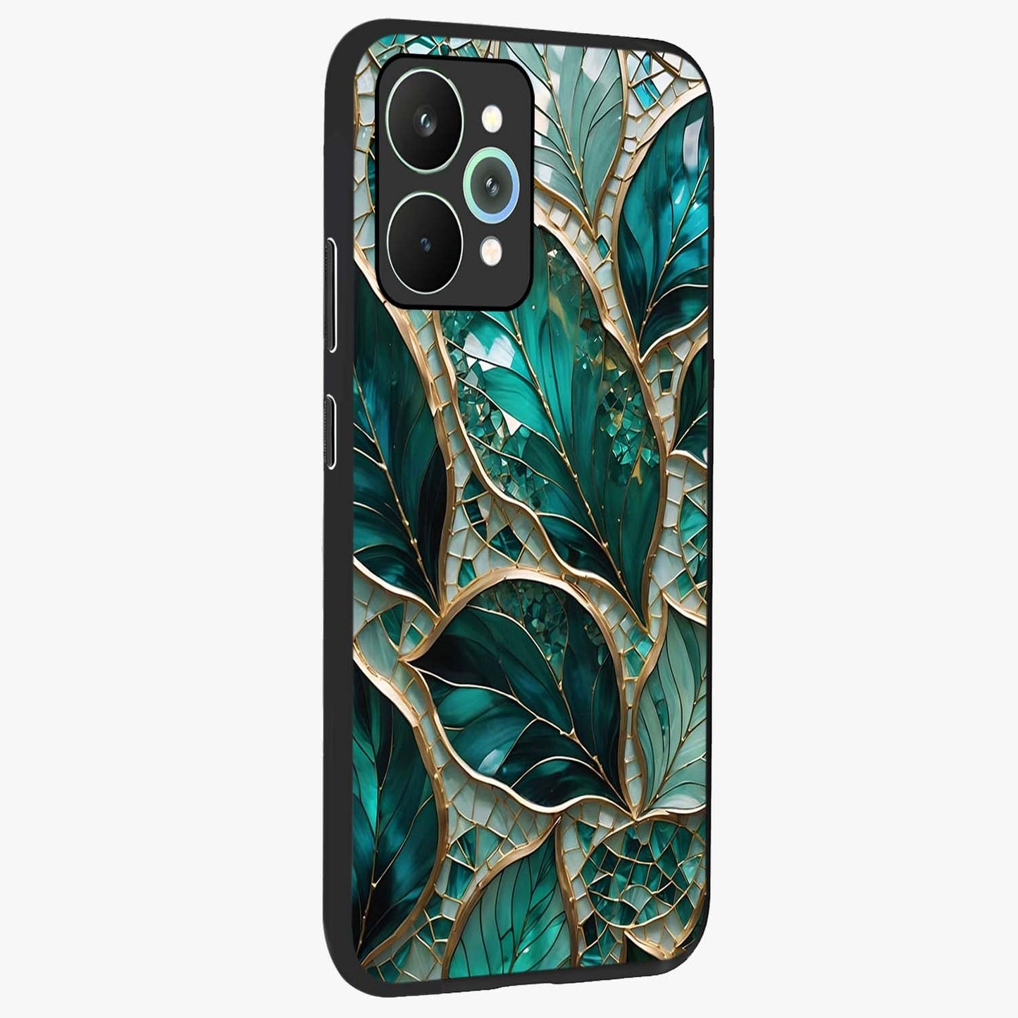 Emerald Leaf Glass Glass Case upright view showcasing fresh green leaf artwork with calming nature inspired style.