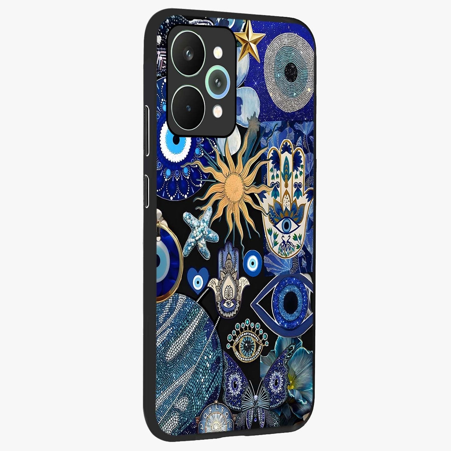 Evil Eye Charm Mix Glass Case upright view showcasing mystical evil eye pattern with vibrant decorative style.