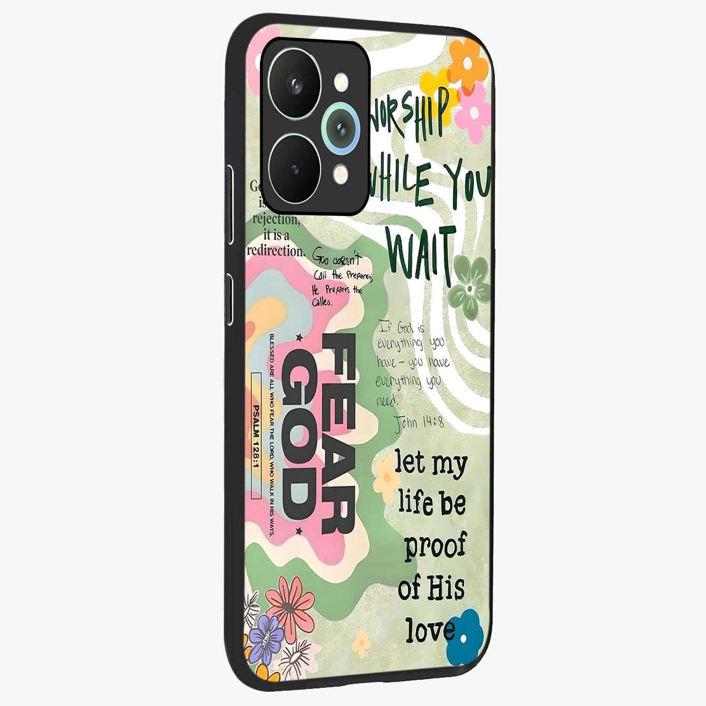 Faith Over Fear Glass Case upright view showcasing bold typography artwork with uplifting motivational theme.