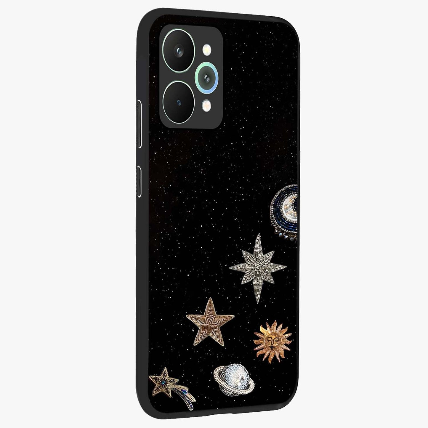 Galactic Charm Glow Glass Case upright view showcasing glowing cosmic charm artwork with magical celestial style.