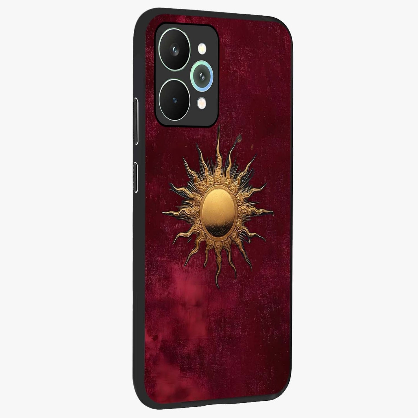 Golden Sun Minimalism Glass Case upright view showcasing simple golden sun artwork with elegant minimalist style.