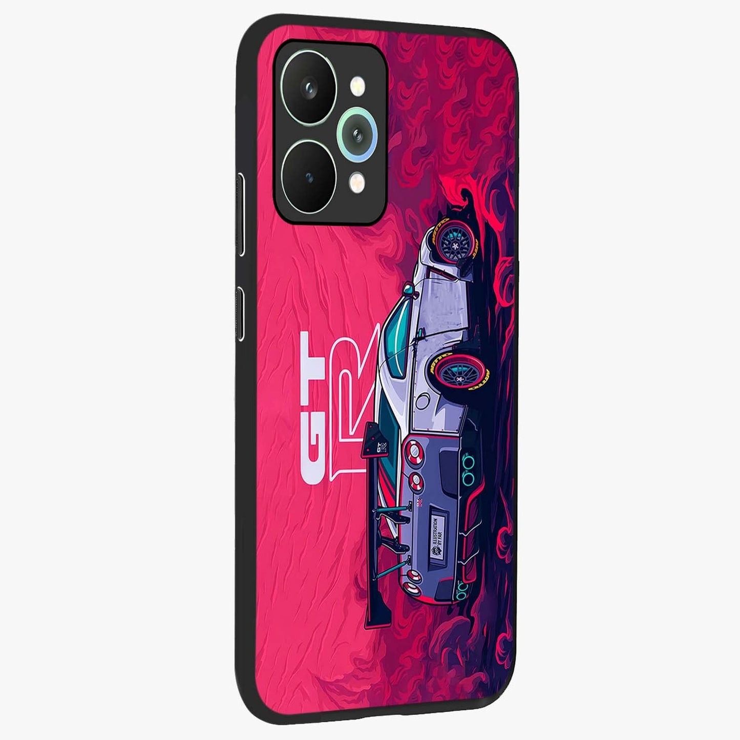 GT-R Car Pattern Glass Case upright view showcasing dynamic car pattern artwork with modern sports theme.