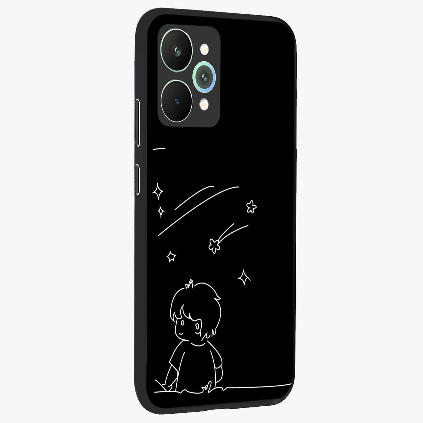 Line Art Boy With Shooting Stars Glass Case upright view showcasing artistic shooting star illustration with minimal style.