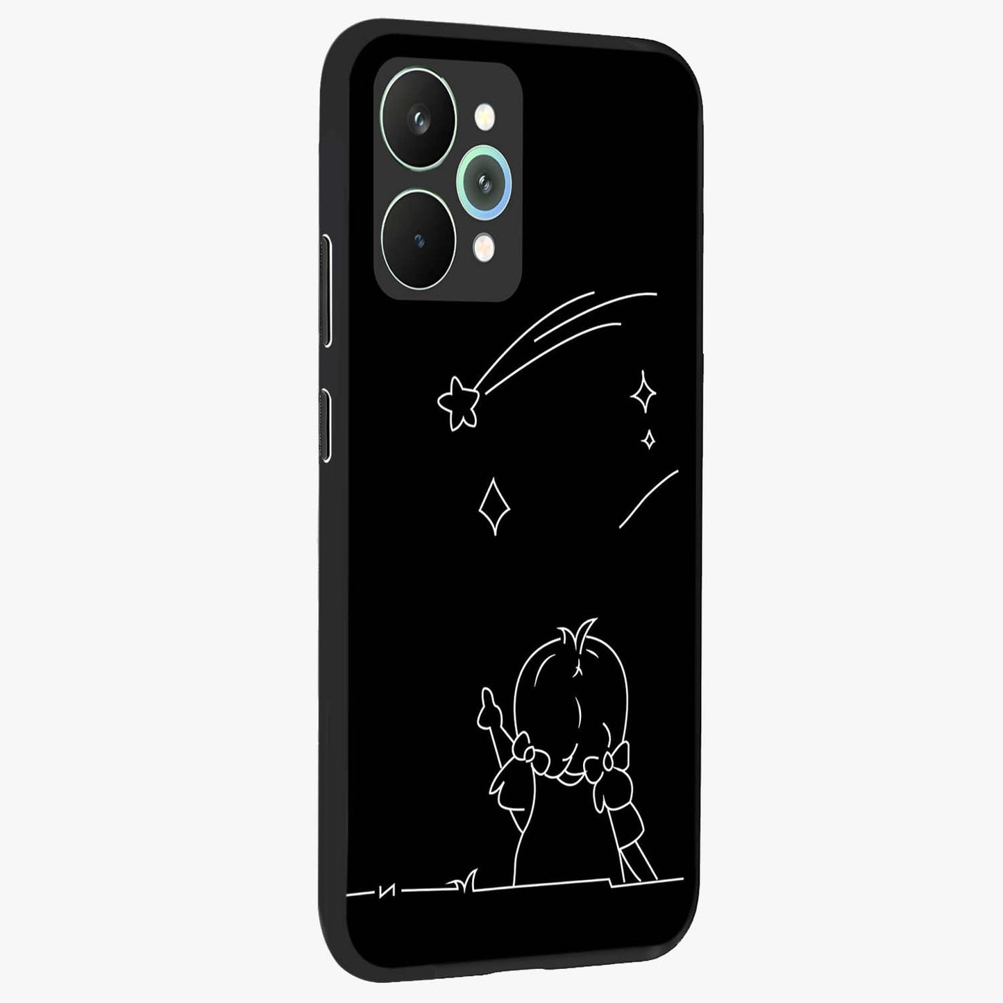 Line Art Girl With Shooting Stars Glass Case upright view showcasing delicate shooting stars artwork with minimal artistic theme.