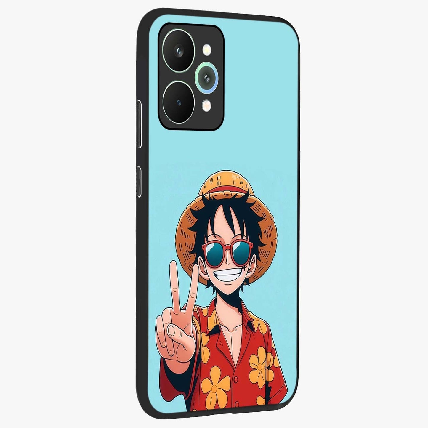 Luffy Summer Anime Vibe Glass Case upright view showcasing dynamic anime artwork with bright adventurous theme.