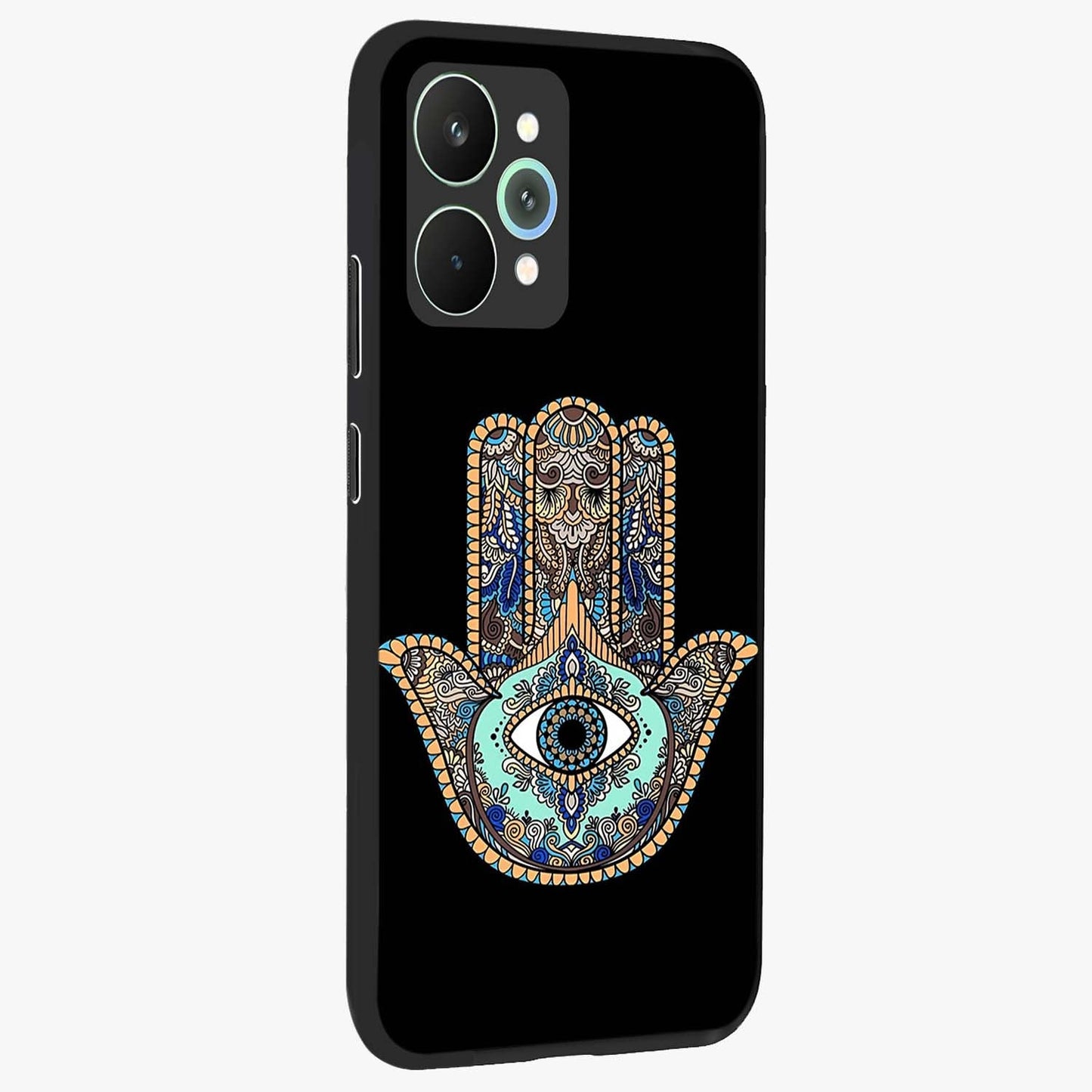 Mystic Hamsa Eye Glass Case upright view showcasing detailed hamsa eye artwork with protective spiritual theme.