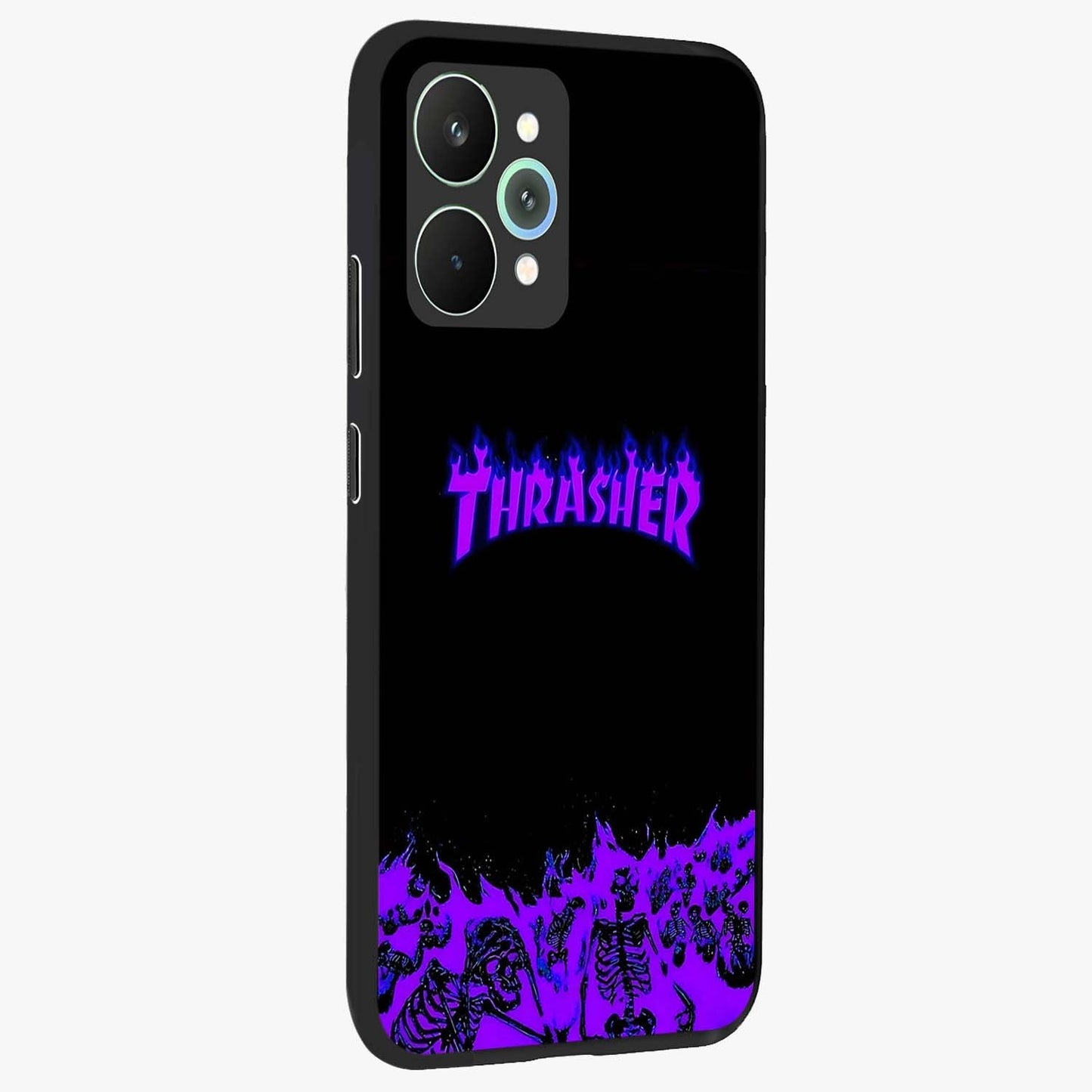 Neon Flame Riot Glass Case upright view showcasing dynamic flame artwork with energetic neon theme.