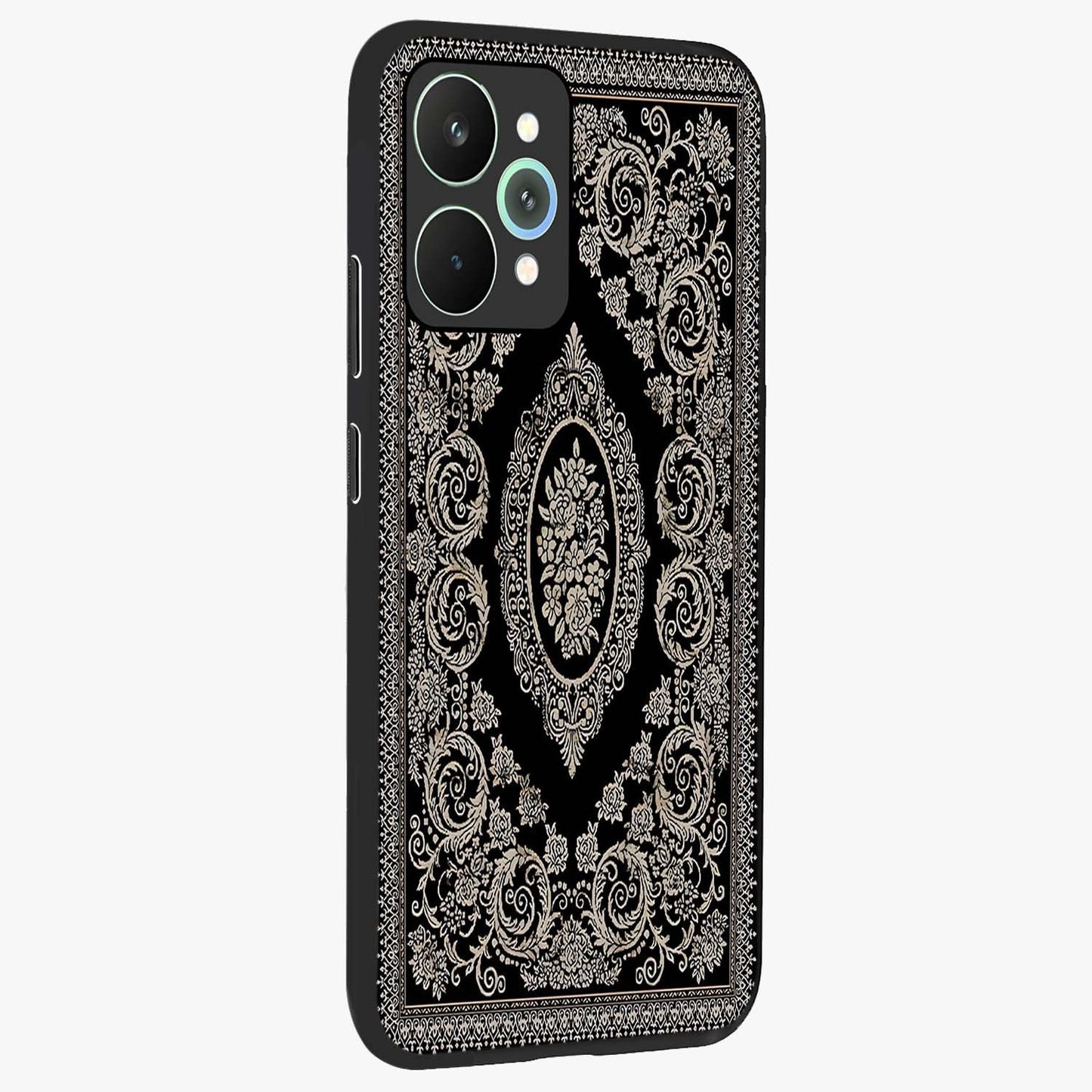 Noir Bloom Elegance Glass Case upright view showcasing graceful floral artwork with luxurious dark theme.